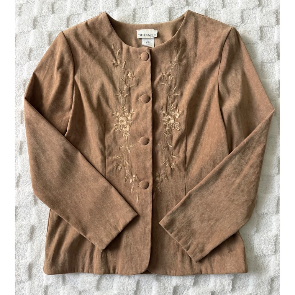 VTG 90's Decade Designs Tan Faux Suede Embroidered Jacket Made in USA Sz 8 EUC